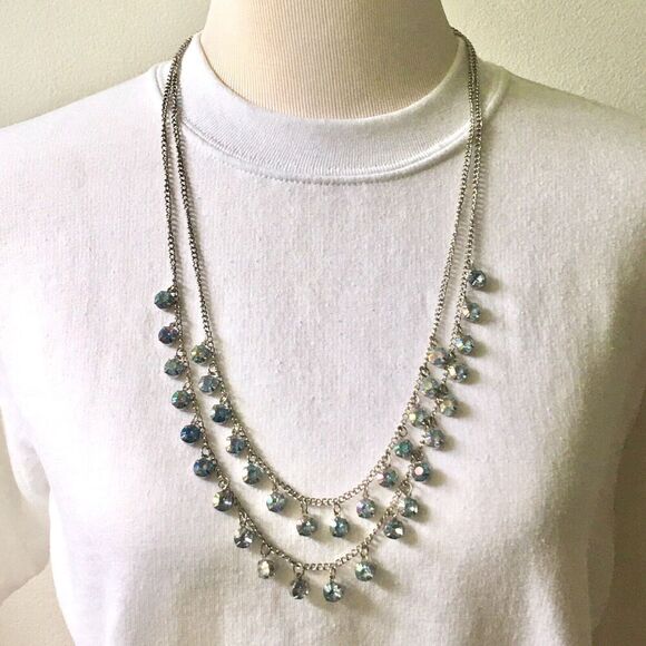 Silver Tone AB Glass Dangling Rhinestone Necklace 32in Long Layered Double Chain - Picture 1 of 16
